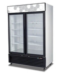 Straight From The Warehouse Dual Glass Door Upright Freezer Merchandiser with bright LED display and adjustable shelves.