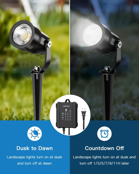 All In One Low Voltage Landscape Lights Kit With Quick Plug And Play Setup spotlight illuminated at night and off at daytime