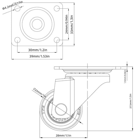 Smooth Ride One Inch Caster Set Packs Two Swivel Casters With Locking Pads And Self Tapping Screws detailed dimensions illustration.