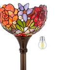 Red Rose Tiffany Style Floor Lamp With Stained Glass Shade 71 Inch Tall Torchier Uplight For Living Room Or Bedroom Antique Bronze Base