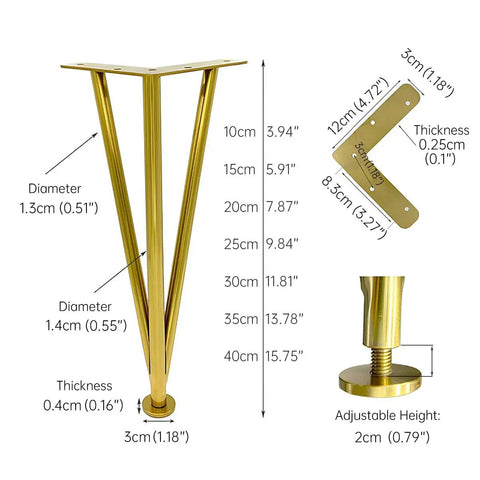 Gold metal hairpin leg with dimensions for furniture projects.