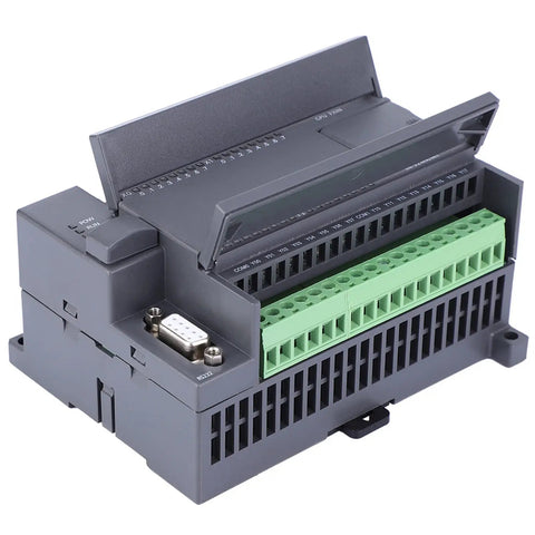 Built Tough Industrial Programmable Logic Controller With Strong Anti Interference MCU And Ladder Programming For Reliable Automation Plus Plug In HMI Interface Connectivity For Seamless System Control In Harsh Environments, shown at an angle with open terminal access.