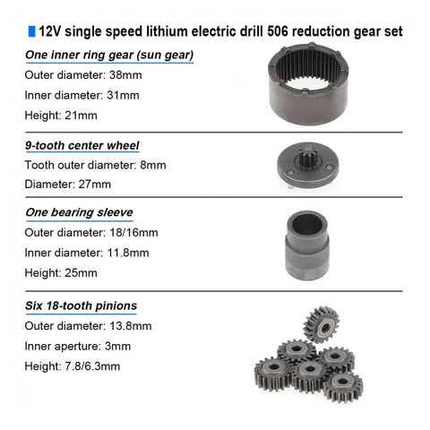 Image showing components of 15 Tooth And 18 Tooth Charging Drill Gear Set 12V Two Speed Planetary Reduction Gear Kit For Power Drill.