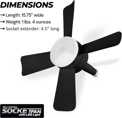 Socket Breeze Ceiling Fan With Light And Remote, Portable Small Ceiling Fan for Bedroom Kitchen Living Room, black fan blades
