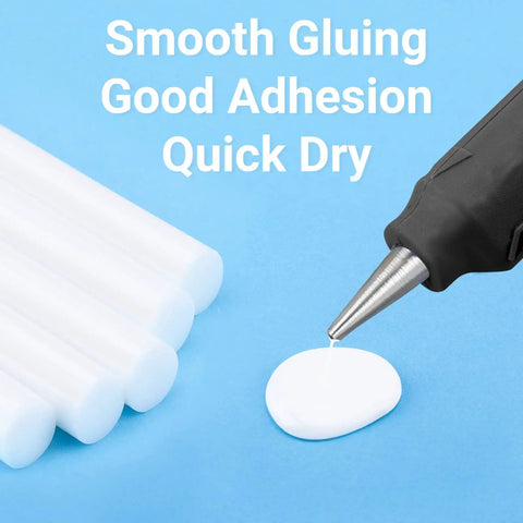 Image showing a black glue gun applying white glue beside White Hot Glue Sticks Bulk Pack With 36 Full Size Eight Inch Sticks For DIY Crafts Art Projects School Projects Repair And Sealing Ideal For Quick Bonds And Strong Holds.