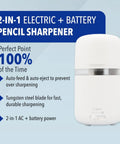 Two In One Battery And Electric Fully Automatic Pencil Sharpener For Regular Graphite And Drawing Pencils With Auto Feed And Auto Eject Adjustable Tip Size Includes AC Adapter Office And School Use White