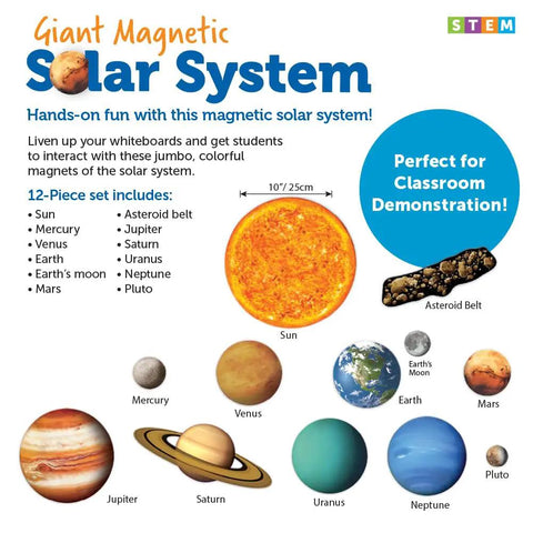 Giant Magnetic Solar System Kit For Classrooms And Home Use, Kid Friendly 12 Piece Earth Moon Sun Model With Planets, Asteroid Belt Pluto NASA Imagery Hands On STEM Space Lesson And Activity, showing components.