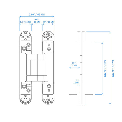 Technical drawing of Nuk3y Hidden Concealed Door Hinges With Invisible Look, 180 Degree Swing, 3 Way Adjustable, Satin Nickel Finish, 6 Inch Long