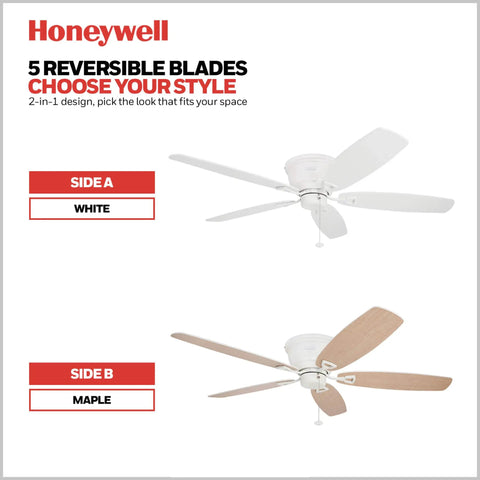 52 Inch Classic Flush Mount Indoor Ceiling Fan With No Light And Pull Chain, Quick 2 Hang Installation, Reversible Motor with dual finish blades in white and maple