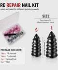 Rock Solid Mushroom Tire Repair Kit With Steel Puller Tool And Compact Carry Case For Cars Trucks Scooters And Electric Bikes No Sweat Roadside Puncture Patch Jobs, containing two sizes of nail for puncture repairs.