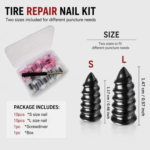 Rock Solid Mushroom Tire Repair Kit With Steel Puller Tool And Compact Carry Case For Cars Trucks Scooters And Electric Bikes No Sweat Roadside Puncture Patch Jobs, containing two sizes of nail for puncture repairs.