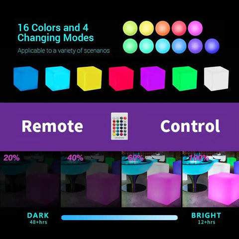 16-Inch Cordless LED Cube Light With Removable Panels shown in various colors and remote control options.