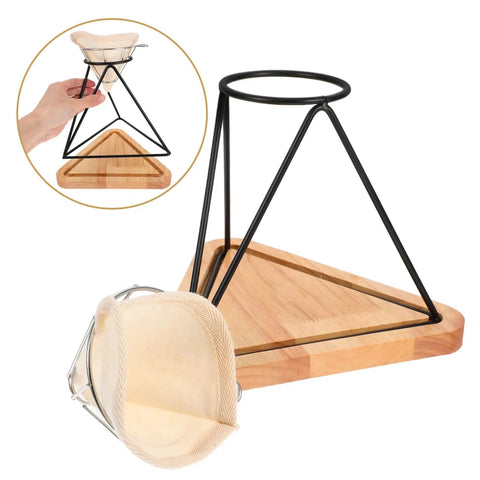 Heavy Duty Reusable Stainless Steel Coffee Filter Holder With Secure Drip Rack And Premium Filter Cloth Set For A Smooth Daily Grind Setup At Home Or Office, featuring black metal frame and wooden tray.