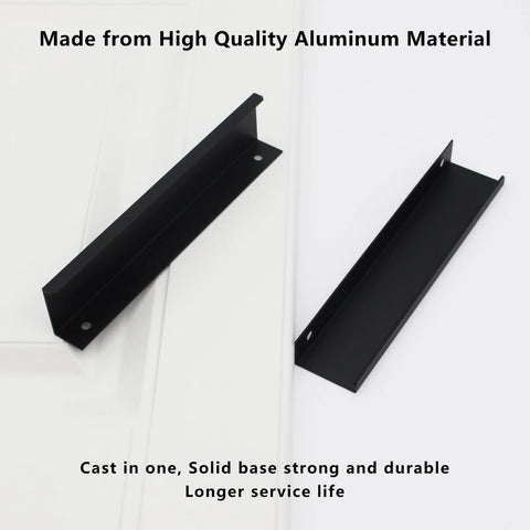 Two matte black concealed tab cabinet pulls in solid aluminum, 150 mm length, for cabinets and drawers.