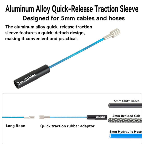 Internal Cable Routing Tool Kit For Bikes featuring aluminum traction sleeve for 5mm cables, shown with rope and rubber adaptor