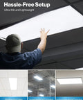 Premium 2 Pack Led Ceiling Panels 2x4 Flush Mount Light Fixtures With Triple CCT Adjustable Color Temperature And Smooth Zero To Ten Dimming shown being installed in a recess ceiling.