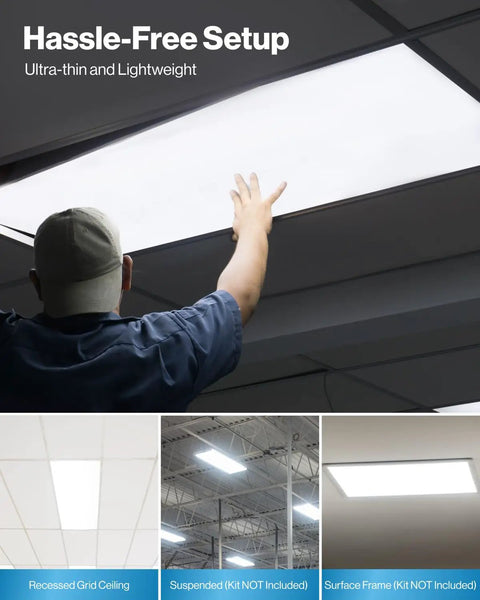 Premium 2 Pack Led Ceiling Panels 2x4 Flush Mount Light Fixtures With Triple CCT Adjustable Color Temperature And Smooth Zero To Ten Dimming shown being installed in a recess ceiling.