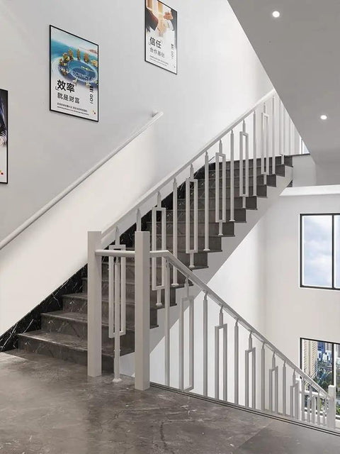 Real Deal Indoor Outdoor Stair Railing Kit With Crisp White Handrail And Heavy Duty Floor Mount Banister Setup For Deck And Porch Safety Includes Every Necessary Screw 15 Pack Solid Iron Balusters Built Tough on a modern staircase.