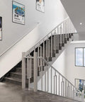Rock Solid White Iron Railing Posts Set Of Twenty Heavy Duty Stair Balusters With No Sweat Floor Mount Hardware For Indoor Outdoor Deck Porch Projects on modern staircase with black marble steps.