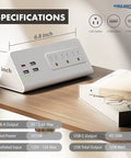 Slick Desk Edge Mount Power Strip Boasting Fast USB-C Charging, Three AC Outlets Plus Extra USB-A Ports, specifications showing dimensions and outputs.