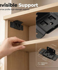 Beefy L Shaped Corner Brackets For Cabinets And Shelves showing multi hole black metal angle bracket on wooden shelf.