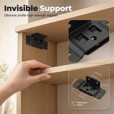 Beefy L Shaped Corner Brackets For Cabinets And Shelves showing multi hole black metal angle bracket on wooden shelf.