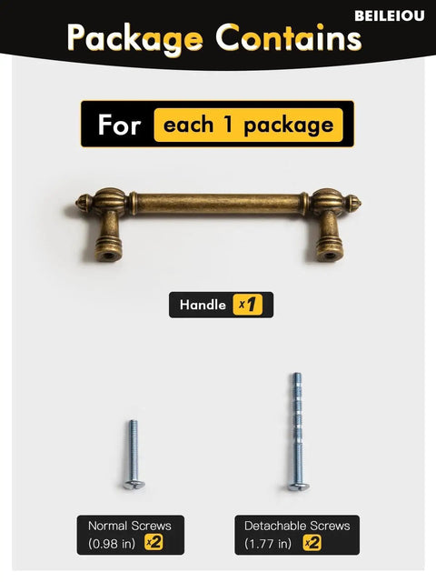 Antique Brass Zinc Alloy Cabinet Pulls Three And Three Quarter Inch Hole Center Vintage Drawer Handles package with screws.