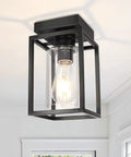 Matte Black Semi Flush Mount Ceiling Light Fixture With Clear Glass Shade Farmhouse Style Ceiling Lighting For Kitchen Hallway Porch Entryway Dining Room And Foyer E26 Bulb Socket Compatible And Easy To Install mounted on white ceiling