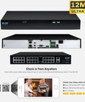 Top Shelf 32 Channel 4K Security Camera System With 24 Heavy Duty Waterproof 8Mp Poe Turret Cameras Face Recognition Smart Ai Motion Detection And Hella Sharp Night Vision NVR with 12MP Ultra HD capability and multiple ports.