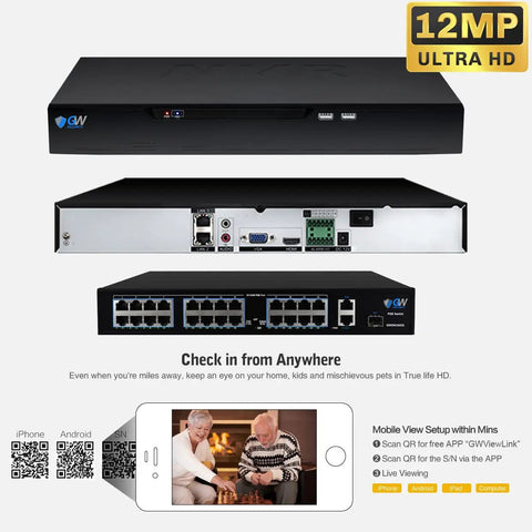 Top Shelf 32 Channel 4K Security Camera System With 24 Heavy Duty Waterproof 8Mp Poe Turret Cameras Face Recognition Smart Ai Motion Detection And Hella Sharp Night Vision NVR with 12MP Ultra HD capability and multiple ports.