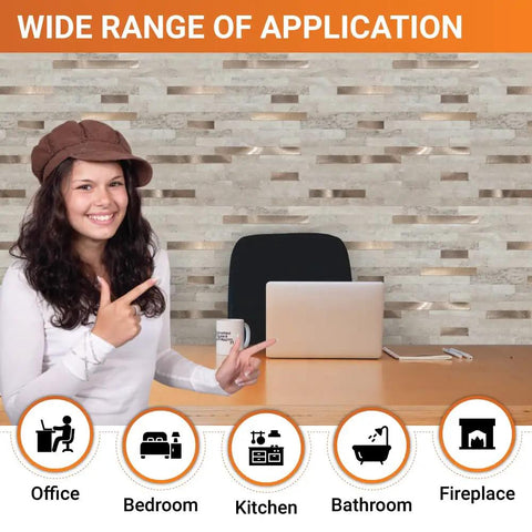 Woman pointing to Beige Marble Peel And Stick Backsplash Tiles With Real Metal Look in office setting.