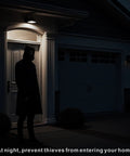 Motion Activated LED Bulbs Three Pack 13W 100W Equivalent A19 E26 Dusk To Dawn Security Lights For Indoor Outdoor Use 5500K Daylight 90 Degree Motion Sensor Auto On No Fuss In Dark No Switch on porch lighting a hooded figure at night