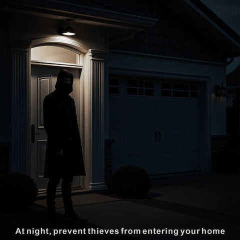 Motion Activated LED Bulbs Three Pack 13W 100W Equivalent A19 E26 Dusk To Dawn Security Lights For Indoor Outdoor Use 5500K Daylight 90 Degree Motion Sensor Auto On No Fuss In Dark No Switch on porch lighting a hooded figure at night