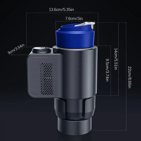 Portable Car Cup Warmer Cooler Duo That Really Hits Different Quick Heating And Cooling For That Everyday Sip Vibe, showing dimensions and design.