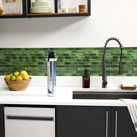 H-104 Quick-Change Filter Cartridge EV961211 on a kitchen counter next to a sink, showing modern home setup