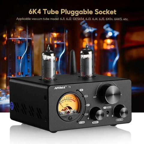 All In One 200W Bluetooth Tube Amplifier With Built In DAC And Preamp 2.0 2.1 Stereo Home Receiver For TV Computer Turntable And Phone Via USB Coax Optical RCA Warm Vacuum Tube Tone And Rich Sound, black compact amp with VU meter