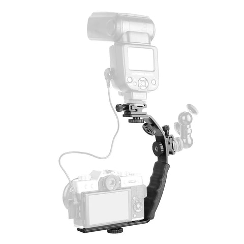 Heavy Duty DSLR L Bracket Mount with Dual Cold Shoe Mounts and Quarter Inch Tripod Thread Padded Hand Grip for stabilizing shots