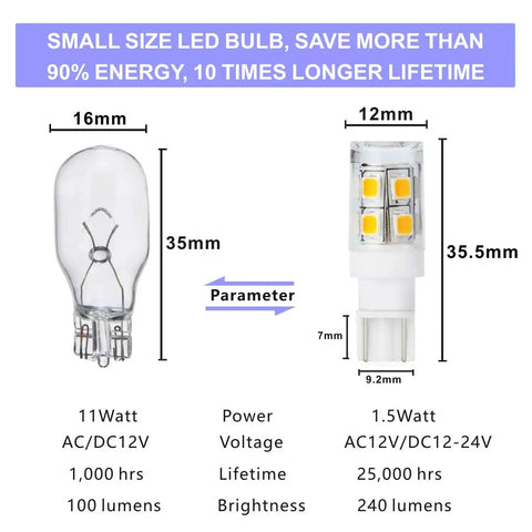 Comparison of old and new Low Voltage Landscape LED Light Bulb 12V T5 T10 Wedge Base Replacement with dimensions and specs.