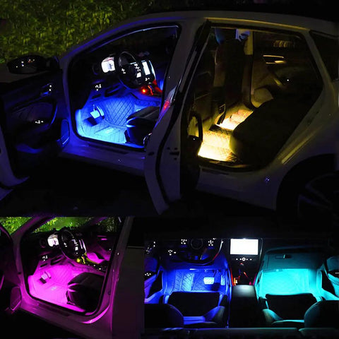 Car interior illuminated with Wireless RGB Under Cabinet Lighting Kit With 48 LEDs Per Bar, 15 Color Options, Remote Control.