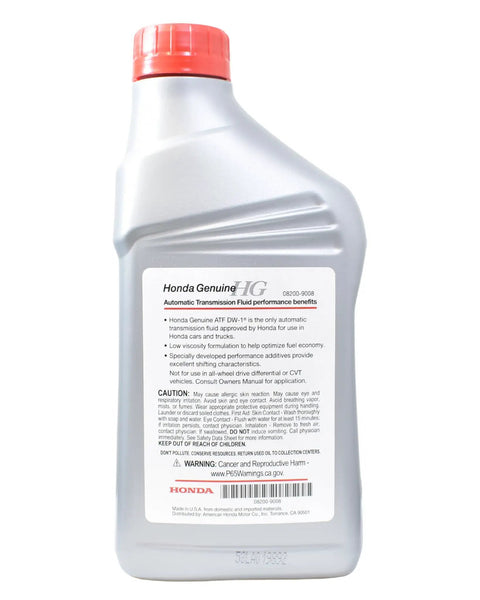 Honda DW 1 Automatic Transmission Fluid 4 Quarts With 18 Mm Drain Plug Washer OEM ATF bottle with red cap and label