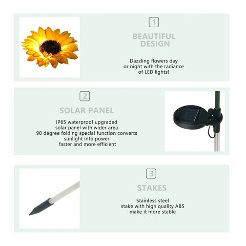 8 Pack Solar Sunflower Garden Lights featuring LED flower design, waterproof solar panel, and stainless steel stake.