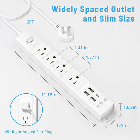 Ultra Thin Surge Protector Power Strip With USB A And USB C Flat Plug 6ft Cord Four AC Outlets 1440J Surge Protection ETL Listed