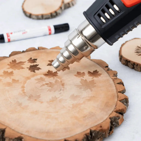 Powerful 1500 Watt Heat Gun for Crafting and Wood Burning, Dual Temperature, fine tip nozzle engraving maple leaf design on wood