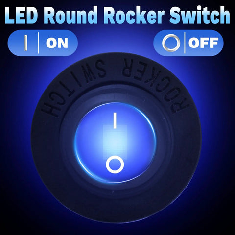 Round Rocker Switch 12V SPST On Off Toggle 3 Pin With Waterproof Cover For Marine Automotive RV And Boat Use LED Indicator Light Easy 20mm Panel Cutout Install Durable Waterproof Panel Mount blue LED round switch close-up