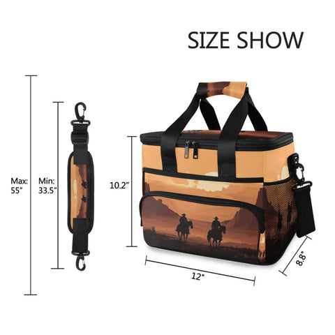 Desert Cowboy Insulated Lunch Bag With Shoulder Strap Reusable Cooler, size dimensions shown, tear-resistant polyester, 15L capacity.