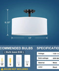 Fabric Drum Shade Semi Flush Mount Ceiling Light With PS Diffuser Off White Fabric Shade Black Finish 13 Inch Size display
