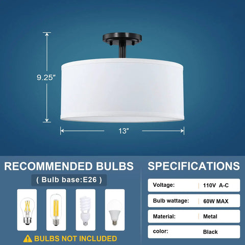 Fabric Drum Shade Semi Flush Mount Ceiling Light With PS Diffuser Off White Fabric Shade Black Finish 13 Inch Size display