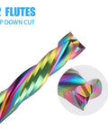 Rainbow DLC-coated spiral router bit; 1/4 in cutting diameter, 1 in cutting length, 1/4 in shank, solid carbide.