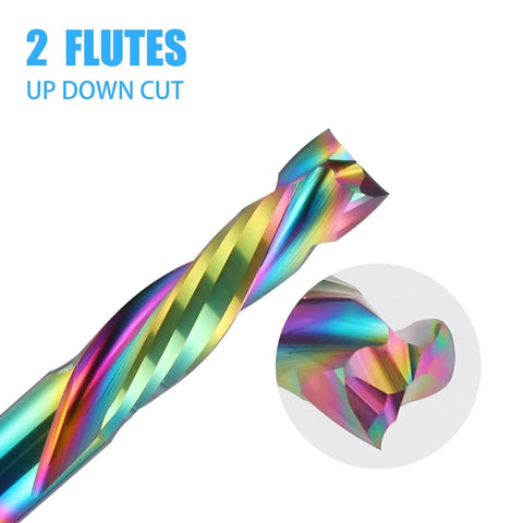 Close-up of a DLC-coated spiral end mill with two flutes, part of a compression CNC router bits set for woodworking.
