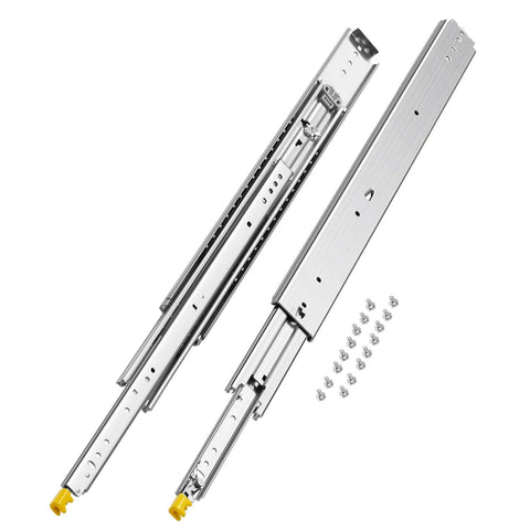 Heavy Duty Drawer Slides 30 Inch Full Extension Side Mount Ball Bearing Tracks With Dual Lock Clip, showing metal tracks and screws.